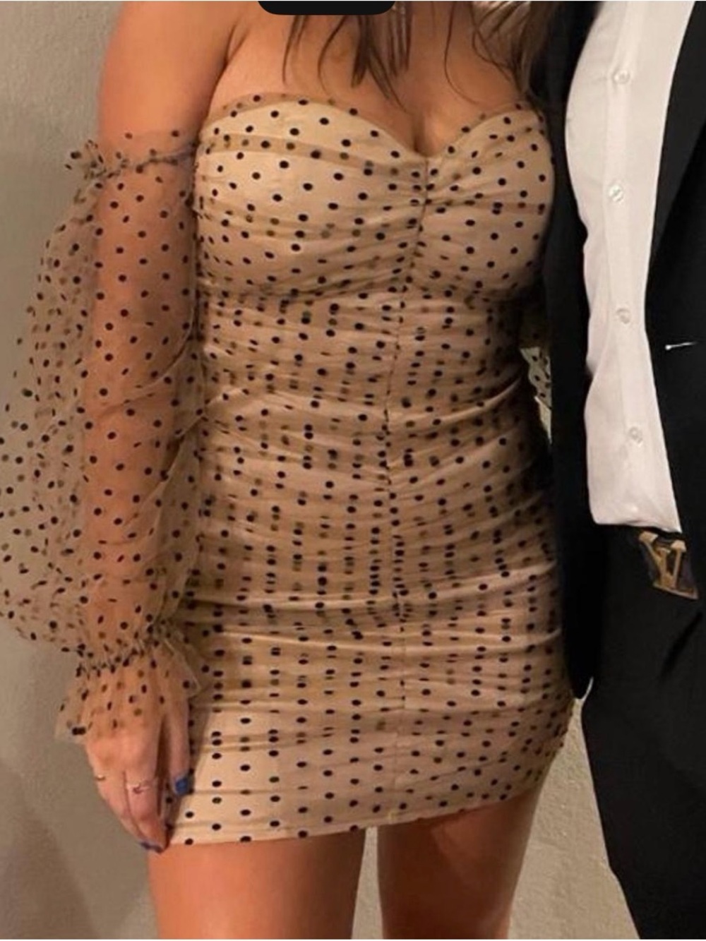 MAJORELLE Nude Polka Dot Mesh Off-Shoulder Mini Dress